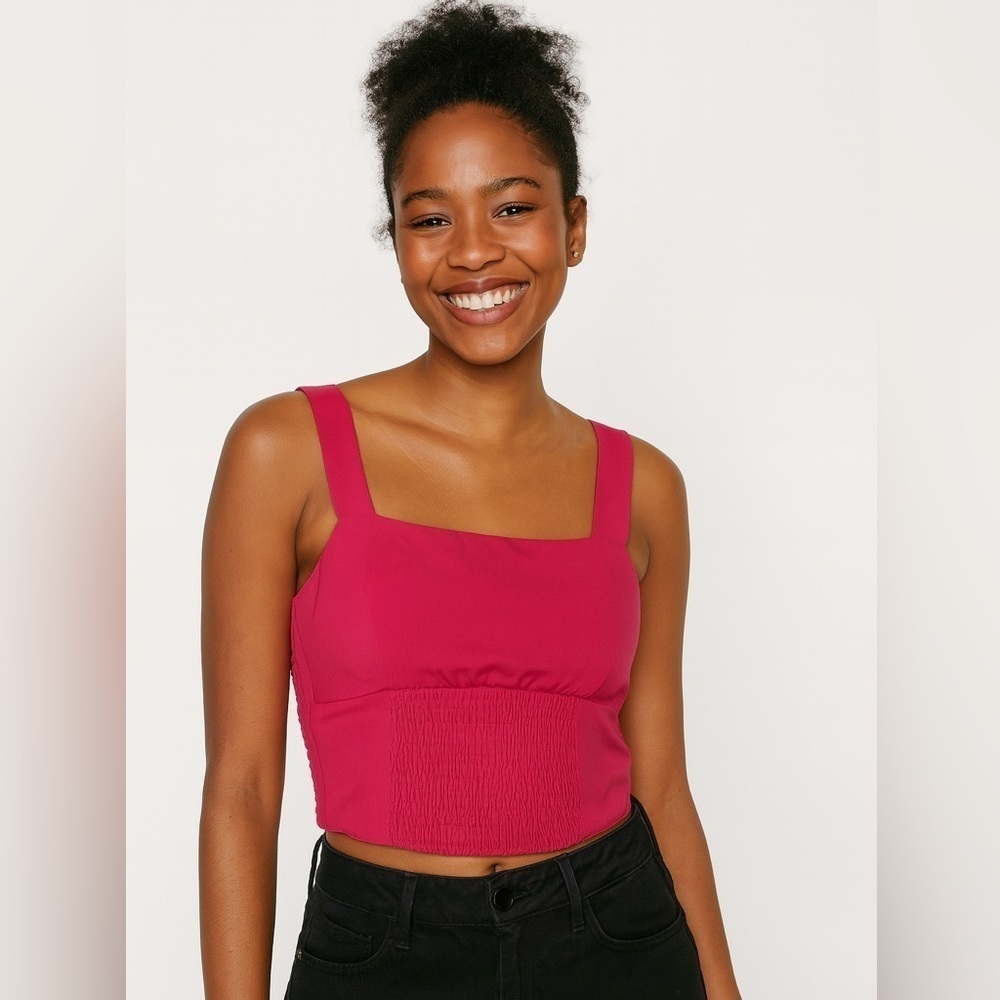 Sadie & Sage Hot Pink Ruched Strap Smocked Crop Top Sleeveless Bustier Size S